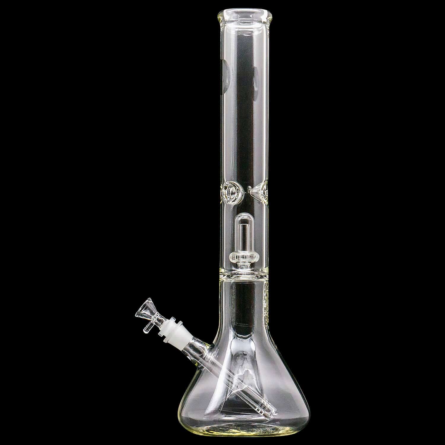 Front-facing view of the clear glass "Magnum Flow" Thick Glass Beaker Showerhead Perc Bong against a black background, showing its straight neck, beaker base, angled downstem and visible showerhead perc.