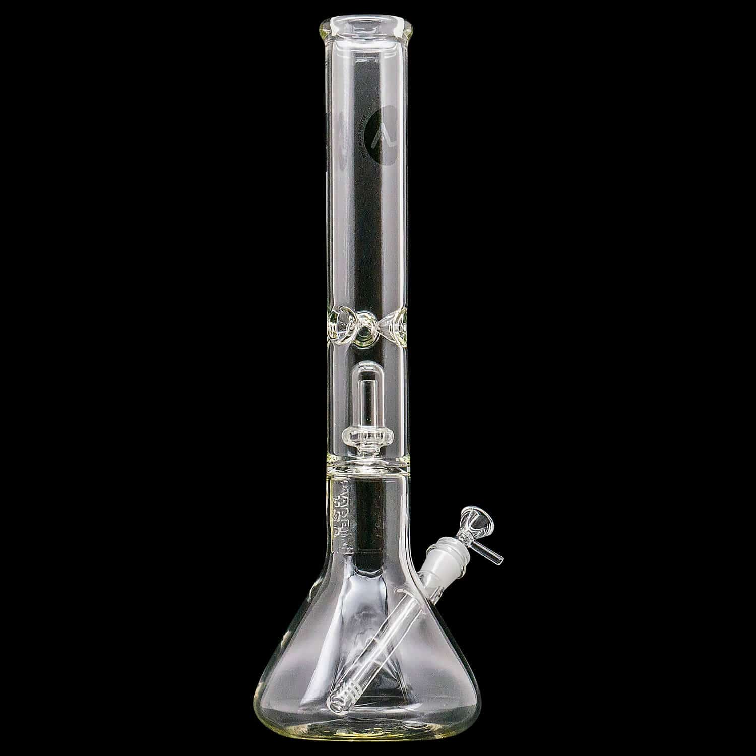 Front-facing view of the clear glass "Magnum Flow" Thick Glass Beaker Showerhead Perc Bong against a black background, showing its straight neck, beaker base, angled downstem and internal showerhead percolator.