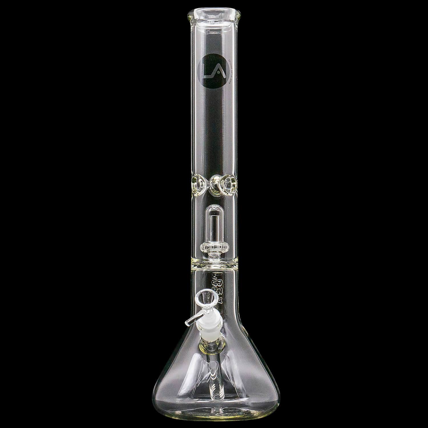 Centered front view of the clear "Magnum Flow" Thick Glass Beaker Showerhead Perc Bong against a black background.