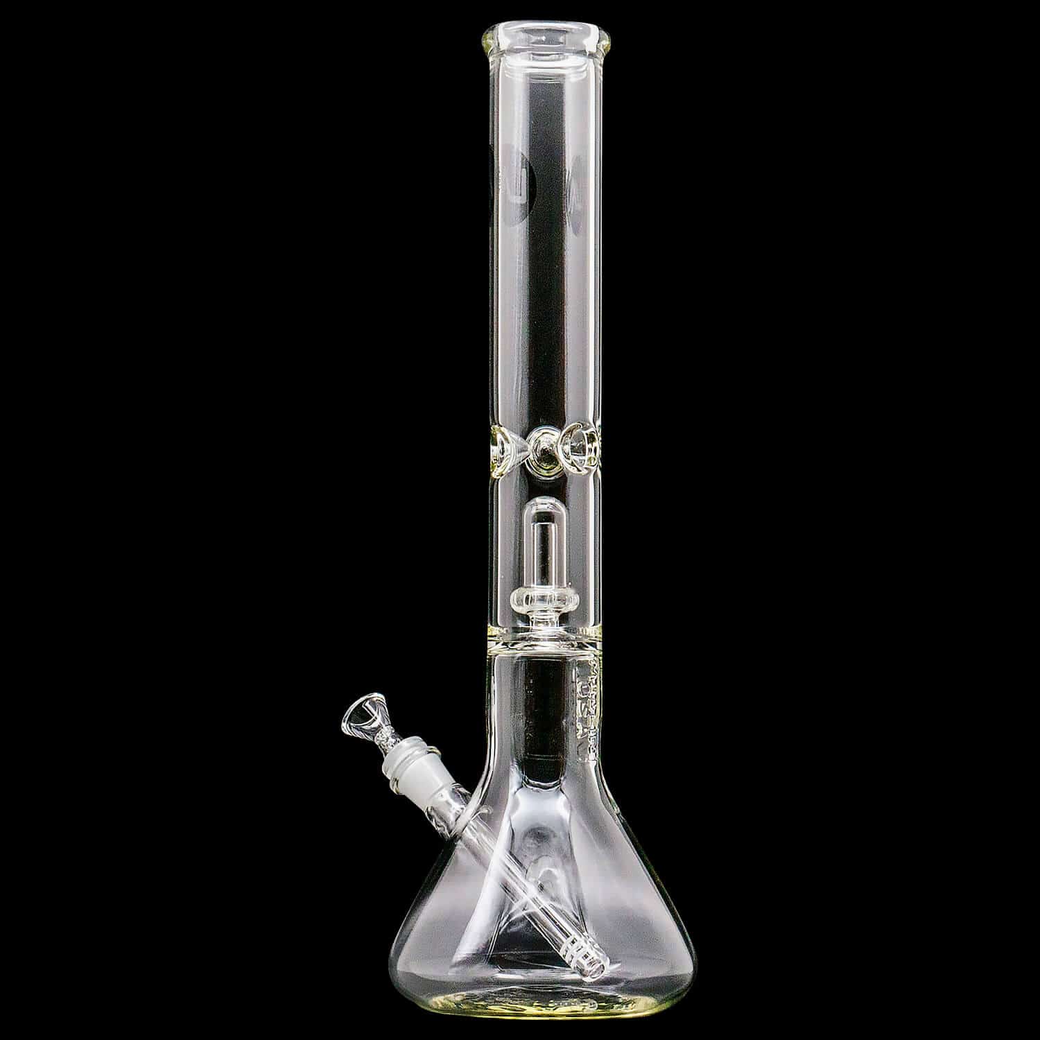 Straight-on view of the clear Magnum Flow Thick Glass Beaker Showerhead Perc Bong against a black background.
