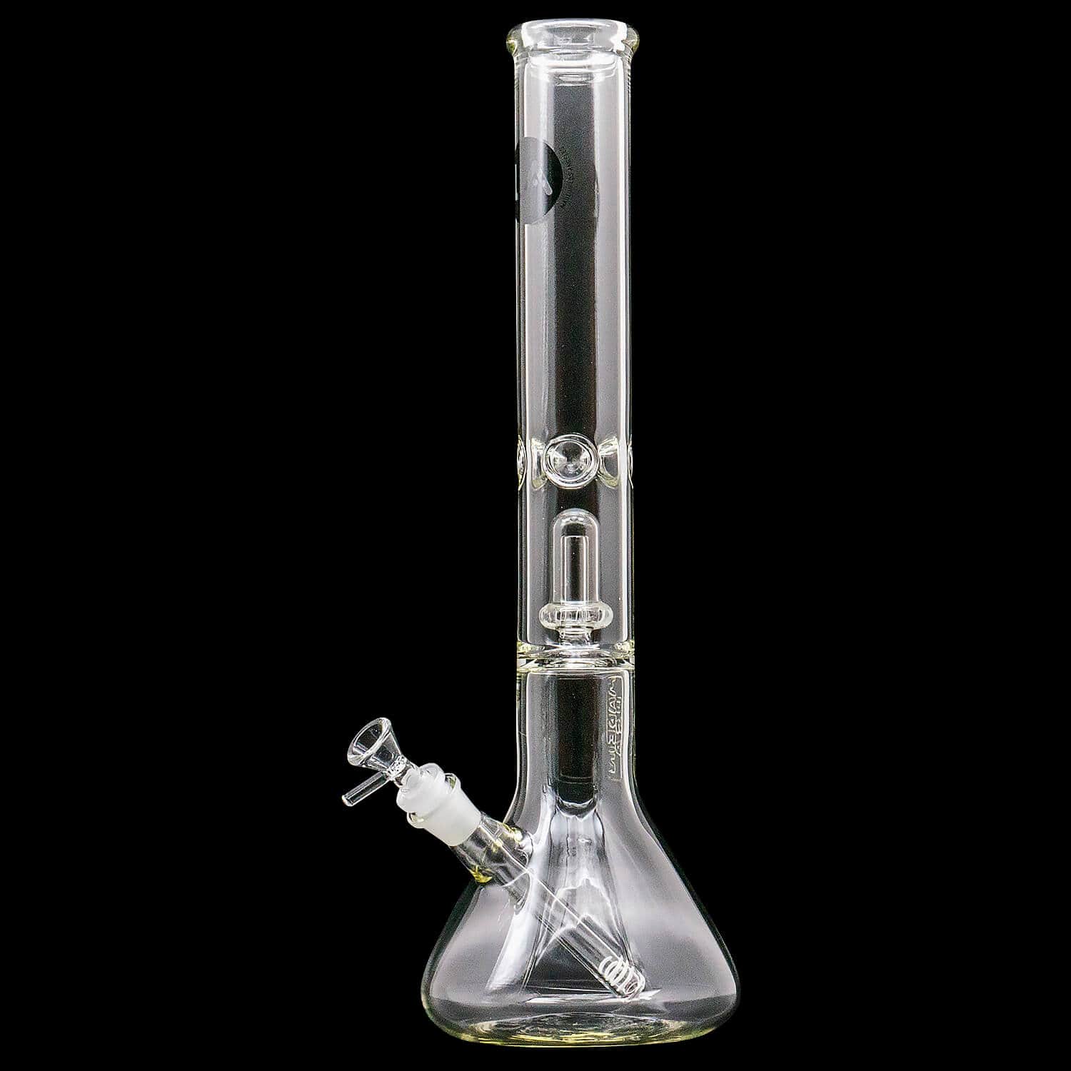 Vertical front view of the clear "Magnum Flow" Thick Glass Beaker Showerhead Perc Bong centered on a black background.