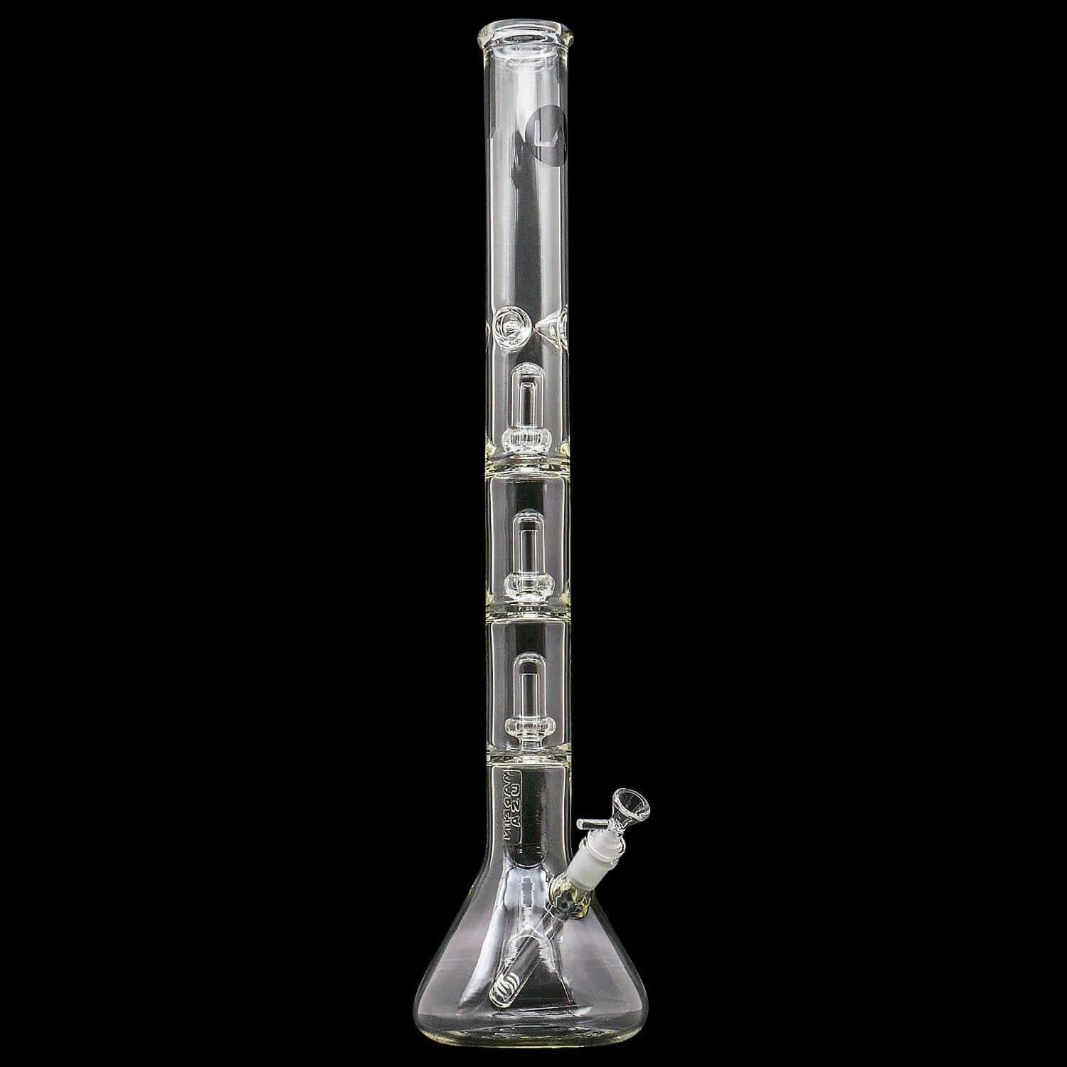 Vertical front view of the clear "Magnum Flow" Thick Glass Beaker Showerhead Perc Bong centered against a black background showing its beaker base, straight tube, and stacked percs.