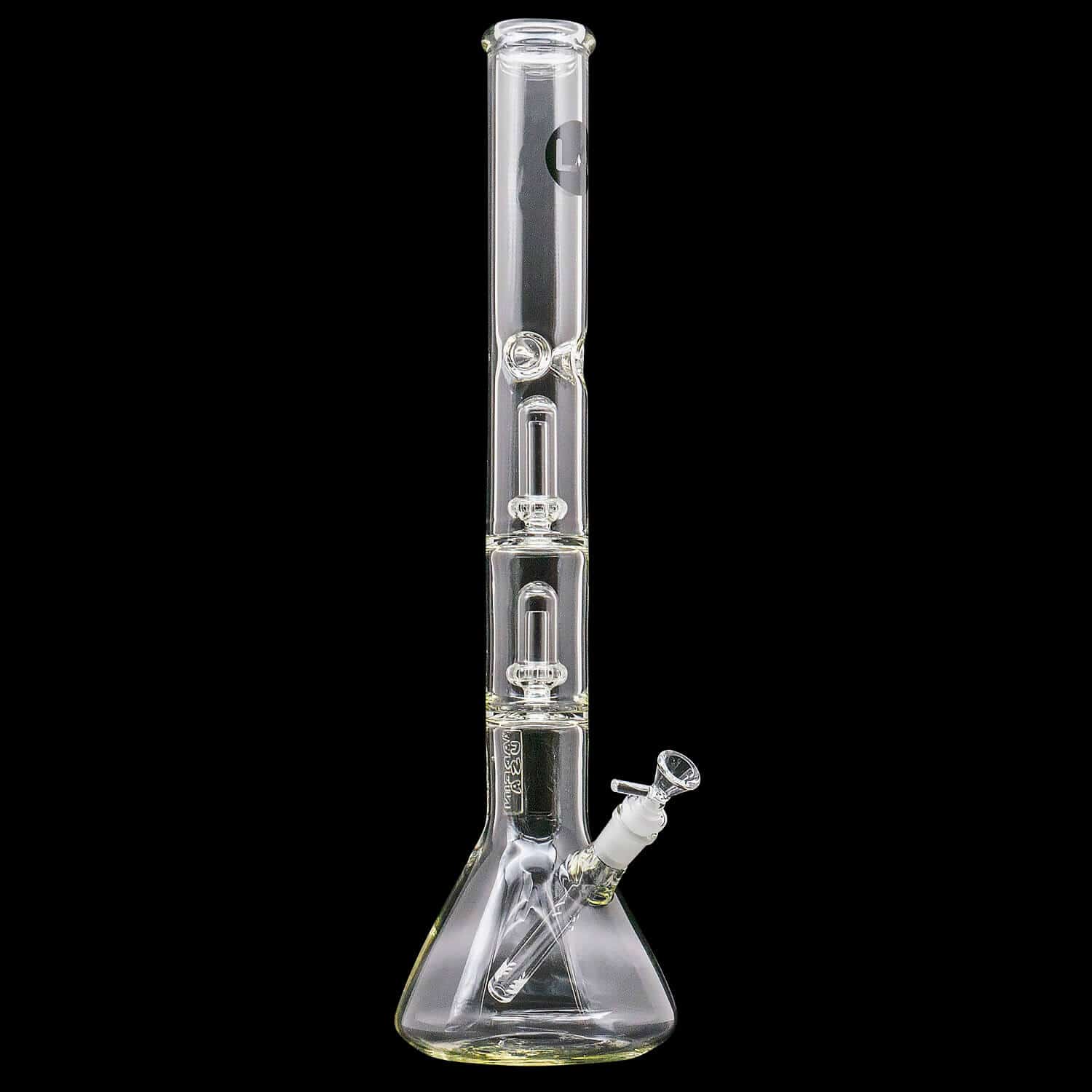 Centered, full-height front view of the "Magnum Flow" Thick Glass Beaker Showerhead Perc Bong against a black background showing two inline showerhead percs and a clear downstem and bowl.