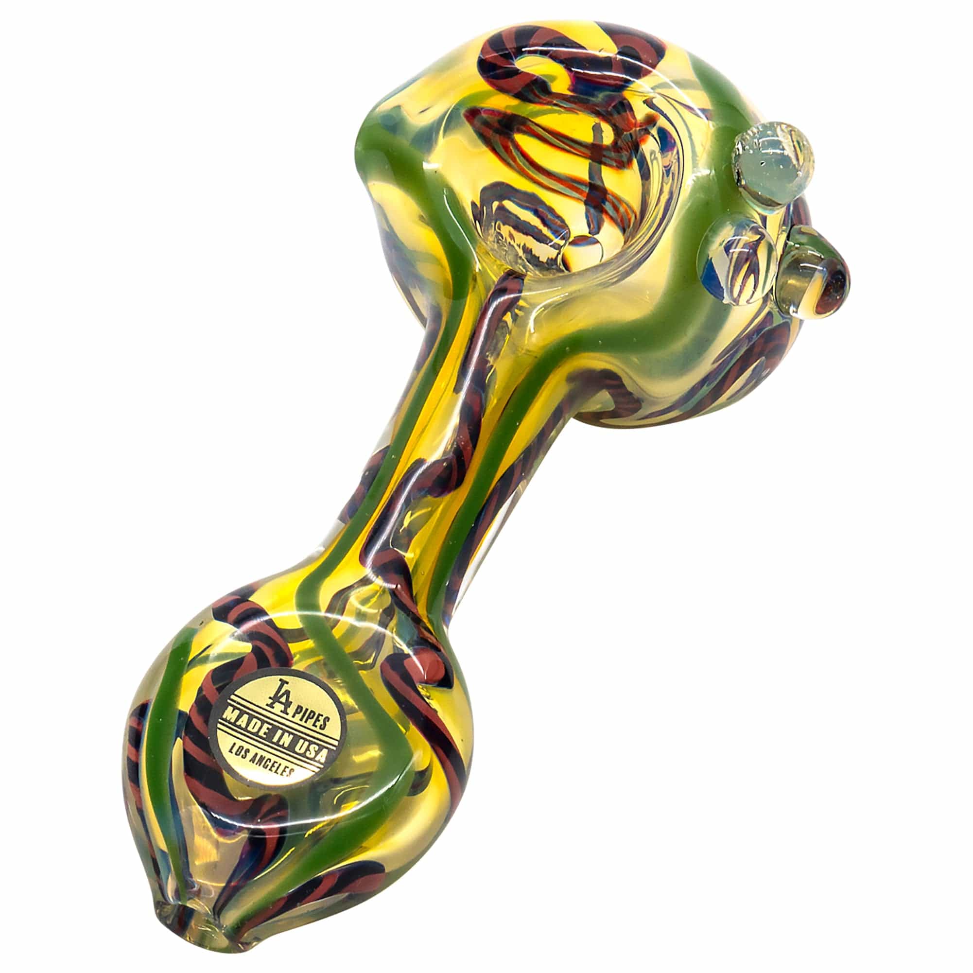 Angled close-up of the "Candy Spoon" Inside-Out Color Changing Glass Pipe showing yellow and green swirls and raised glass knobs.