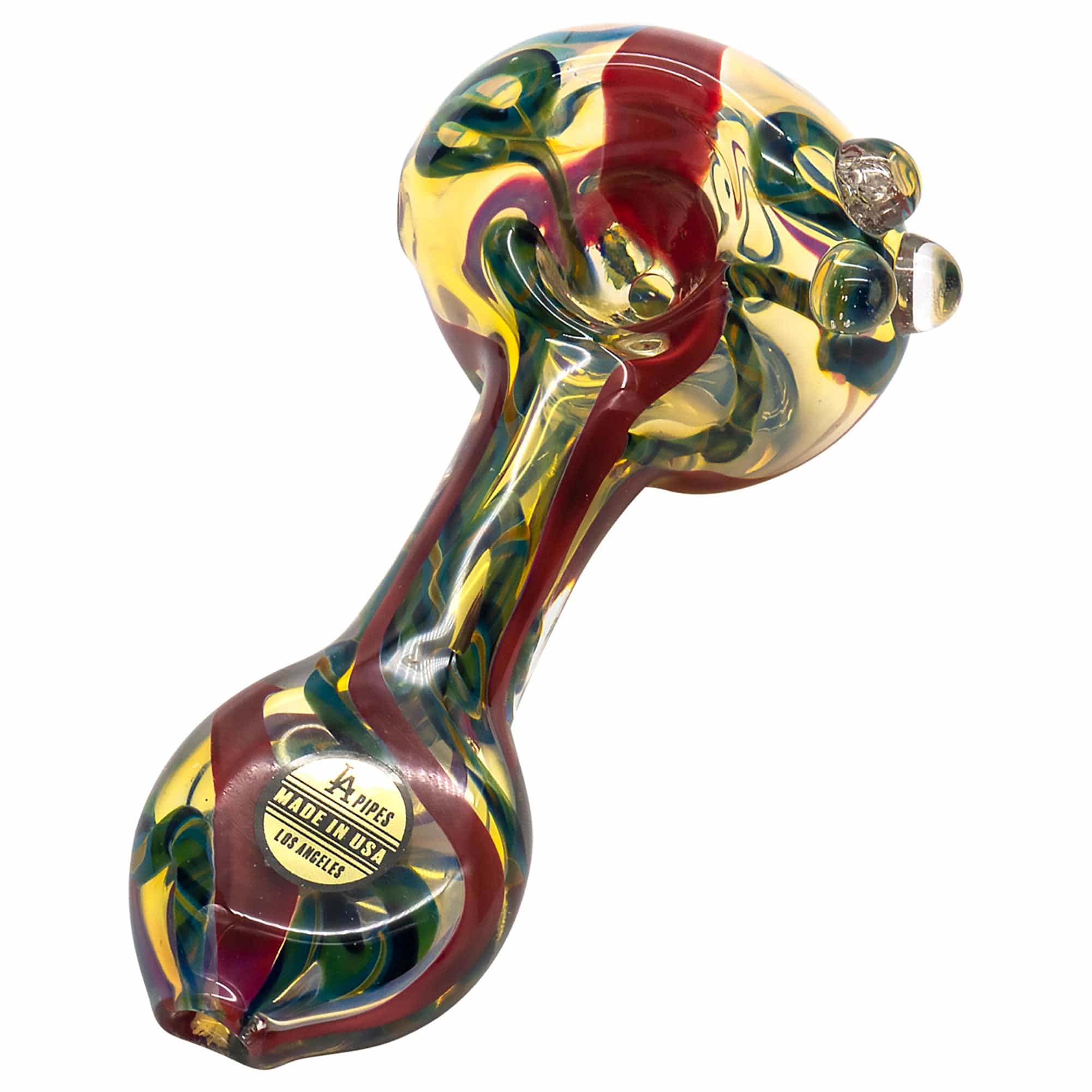 Close-up angled view of the "Candy Spoon" Inside-Out Color Changing Glass Pipe showing swirled yellow, green and red glass.