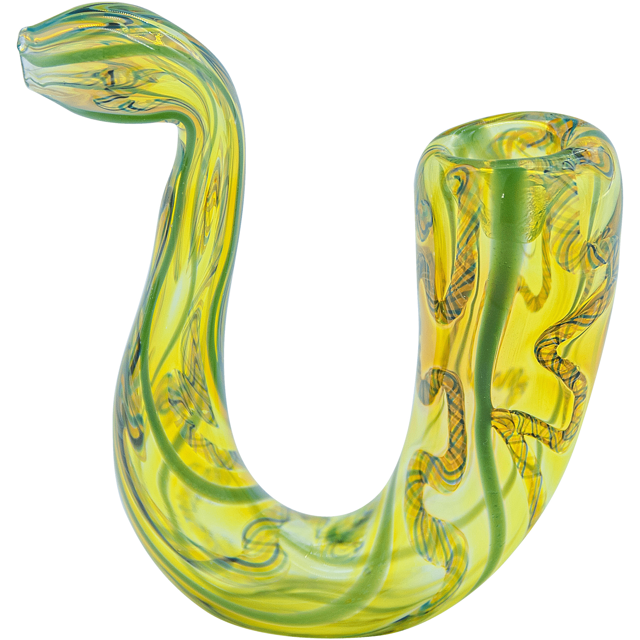 Curved close-up of the green-and-yellow swirled glass "Gentleman's Sherlock" Sherlock Pipe showing the bowl and bent stem from a top-side angle