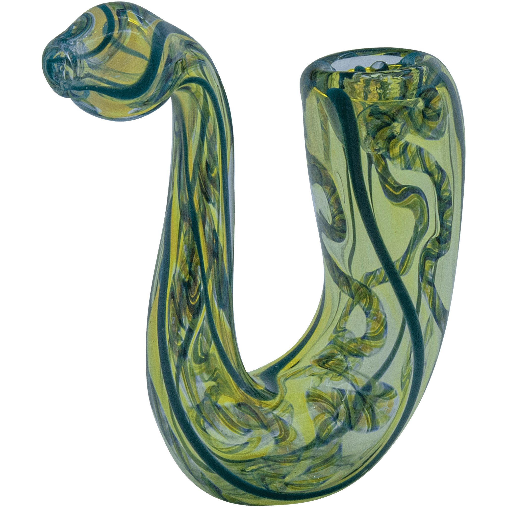 Close-up angled view of the "Gentleman's Sherlock" Sherlock Pipe showing green and yellow swirled glass details.