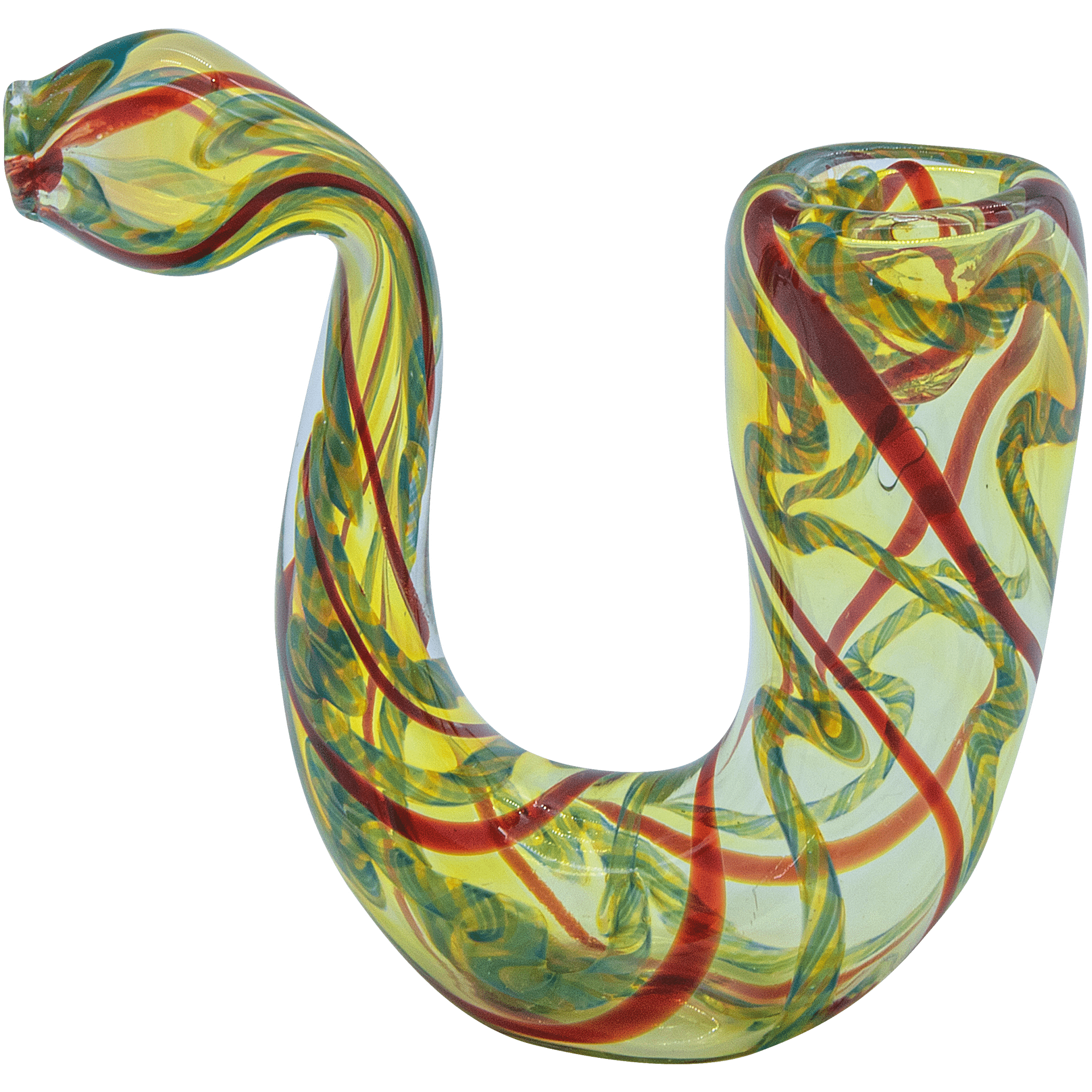 Close-up of the curved glass bowl and stem of the "Gentleman's Sherlock" Sherlock Pipe with yellow glass and red and green swirls.