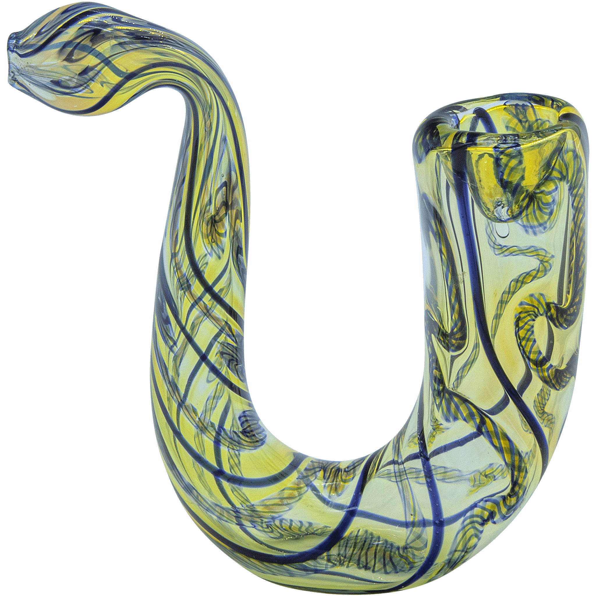 Close-up side view of the "Gentleman's Sherlock" Sherlock Pipe showing its curved yellow glass neck with blue swirl patterns.