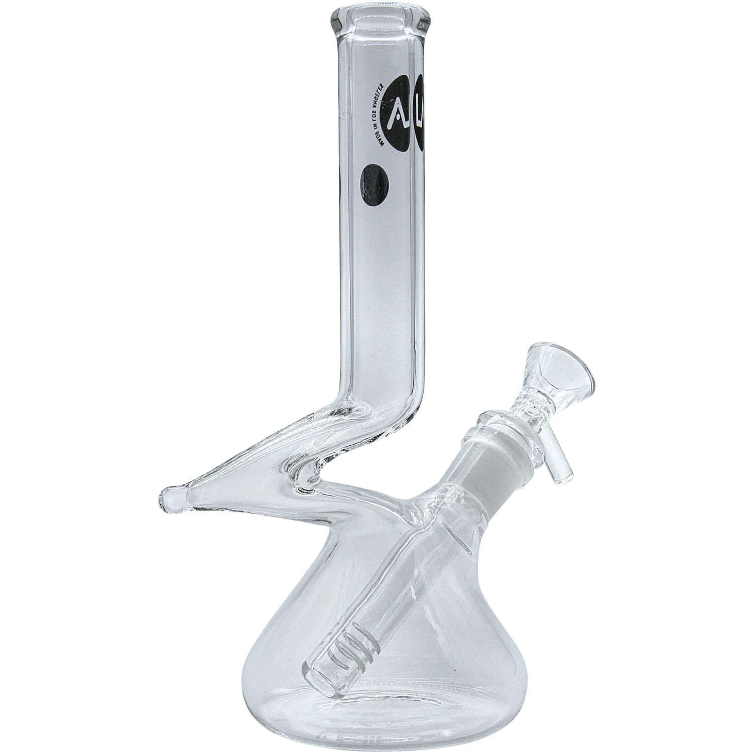 Angled close-up of a clear glass "Zag" Beaker Zong Style Bong showing the bent zong neck, slanted downstem, and rounded beaker base against a black background