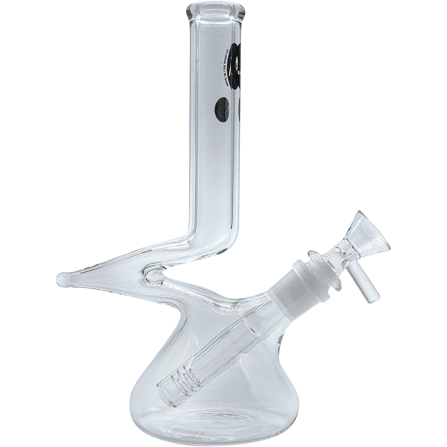Angled studio shot of a clear glass "Zag" Beaker Zong Style Bong showing its L-shaped neck, flared mouthpiece and tilted downstem against a black background
