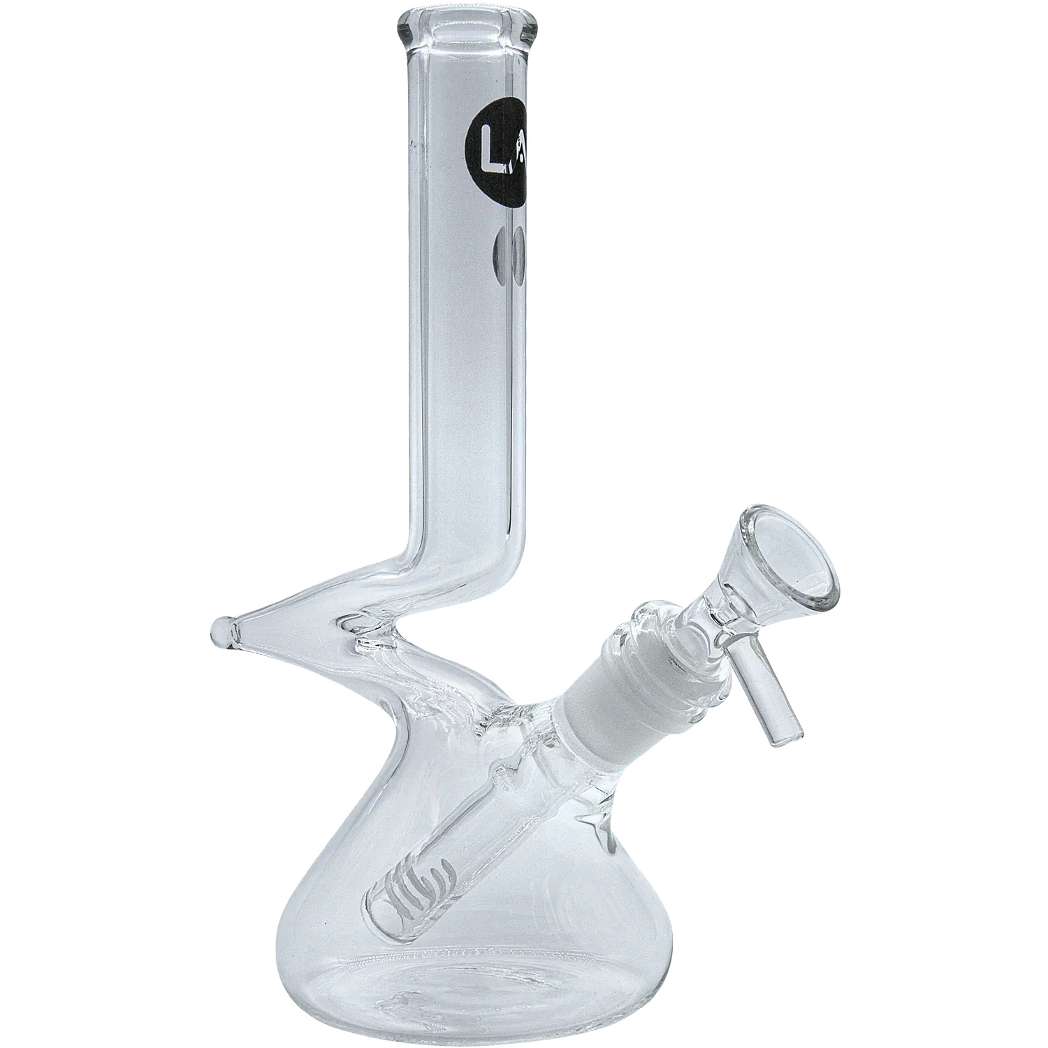 Angled close-up of the clear "Zag" Beaker Zong Style Bong showing its bent neck, downstem and bowl against a black background