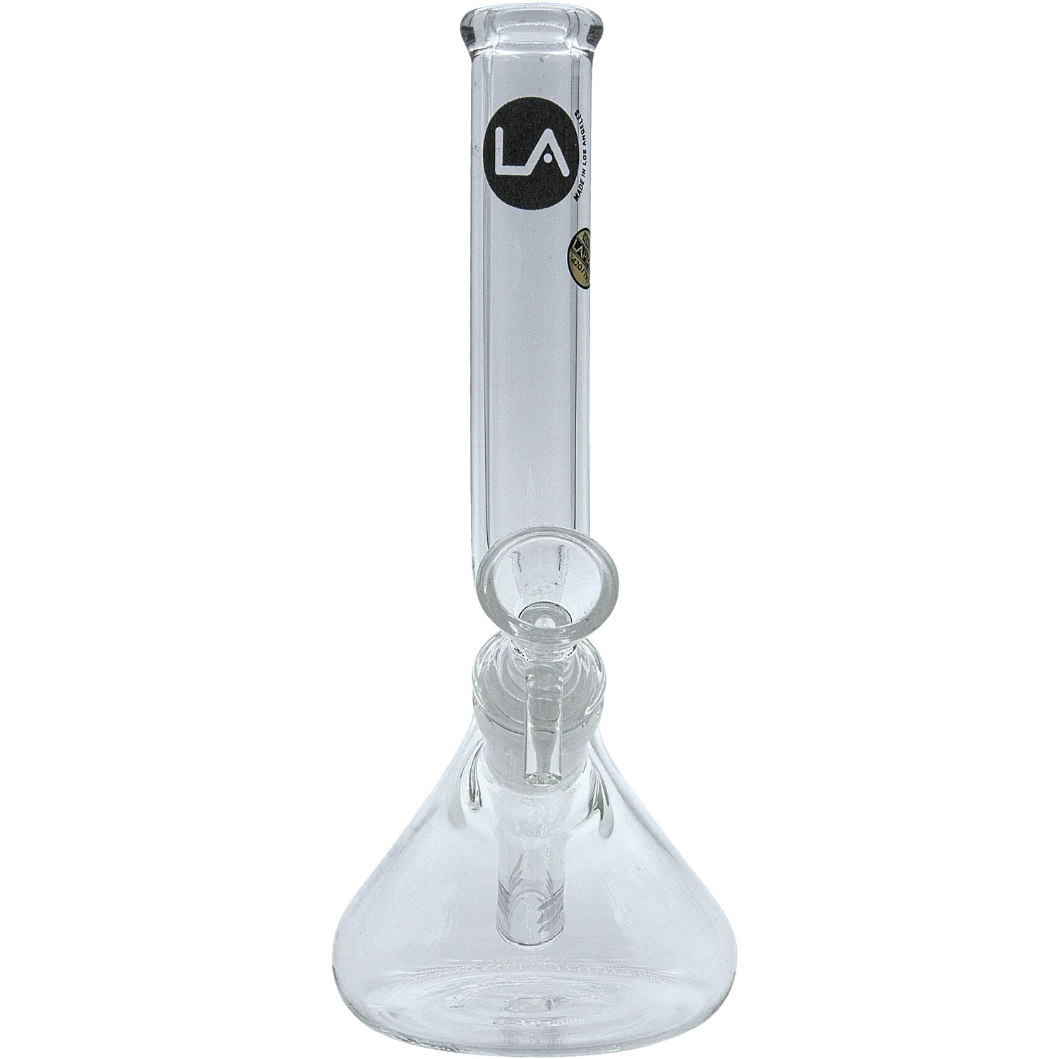 Top-down view of a clear glass "Zag" Beaker Zong Style Bong showing the straight neck with black LA logo and the wide beaker base.