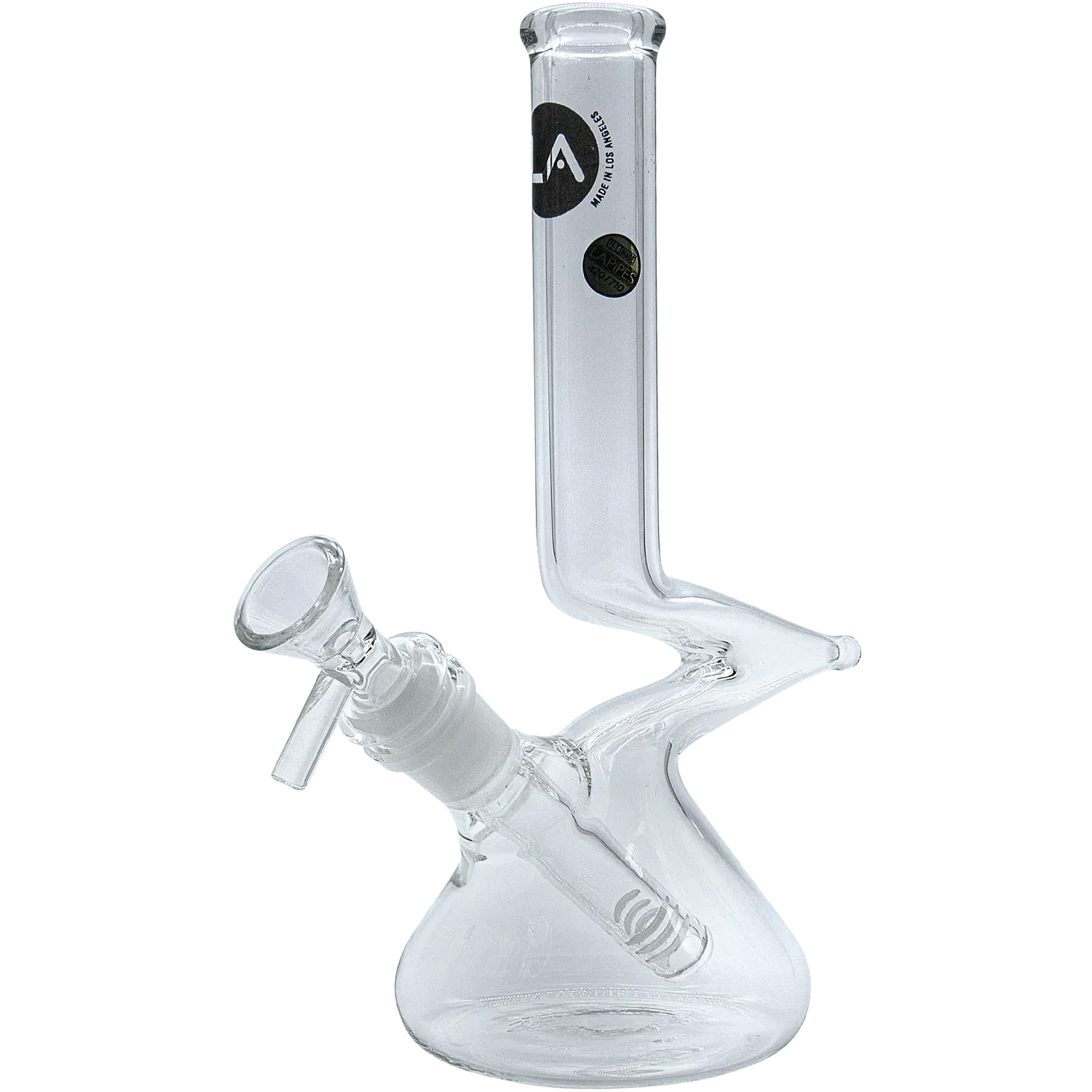 Angled close-up of the clear glass "Zag" Beaker Zong Style Bong showing its bent zong neck, slanted downstem and rounded beaker base against a black background