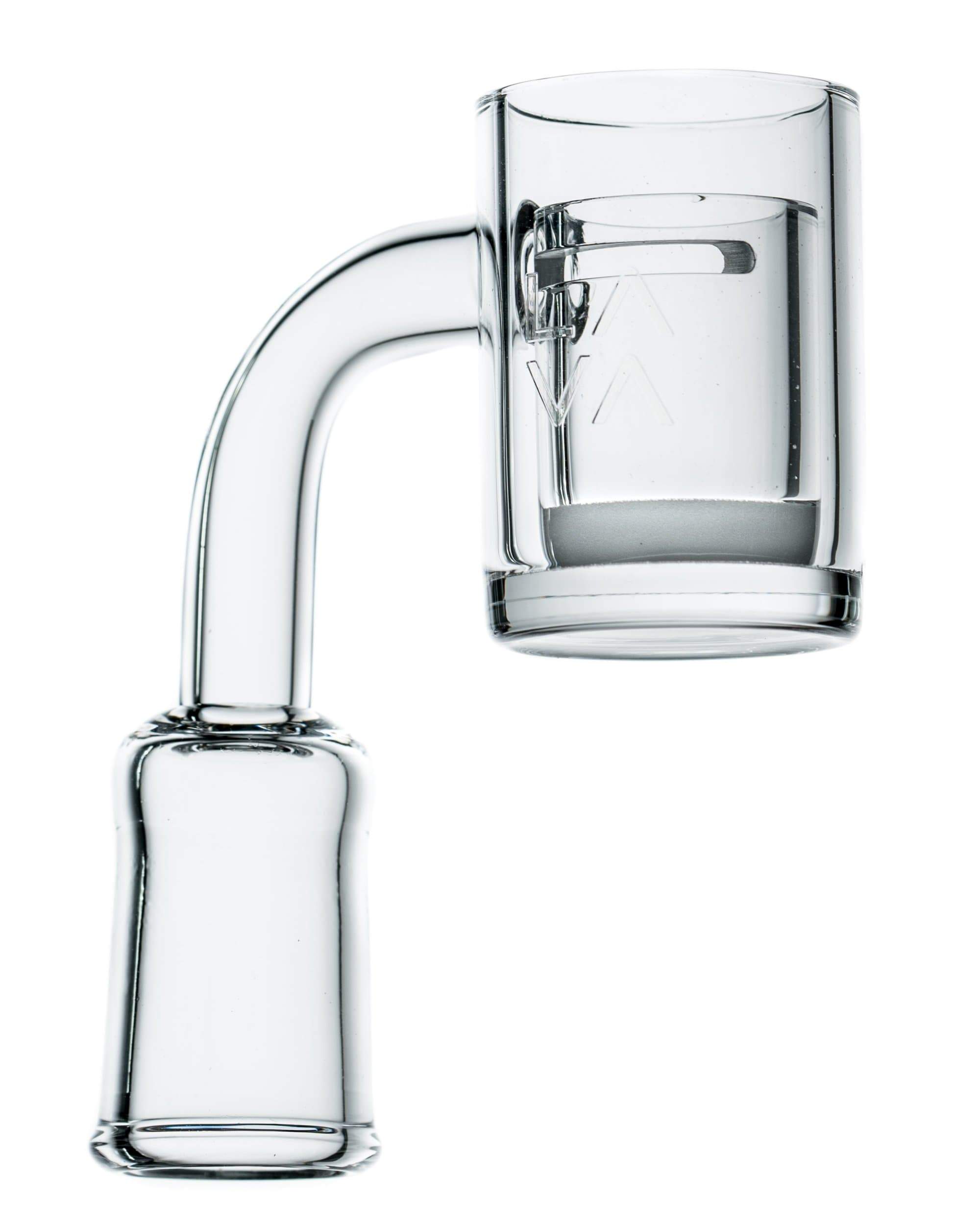 Close-up, angled view of the Polished Banger Nail with Opaque Cup Insert, showcasing its clear glass and opaque cup.