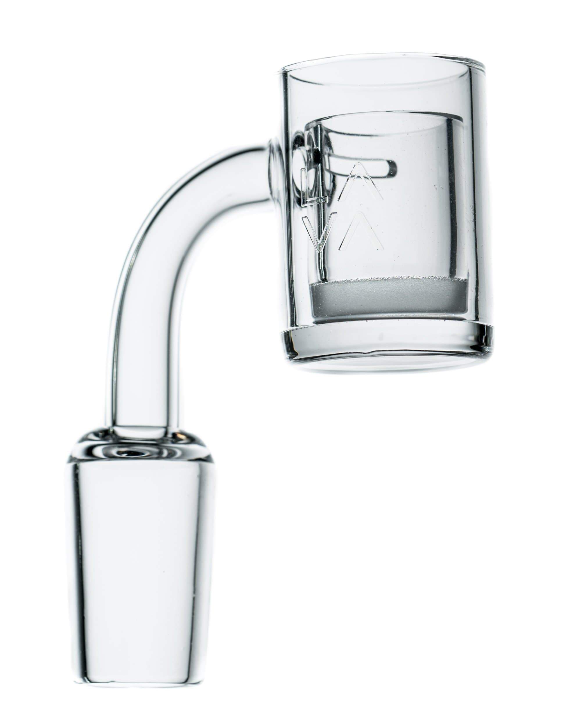 A close-up, angled view of the Polished Banger Nail with Opaque Cup Insert, showcasing its reflective surface and frosted inner cup.