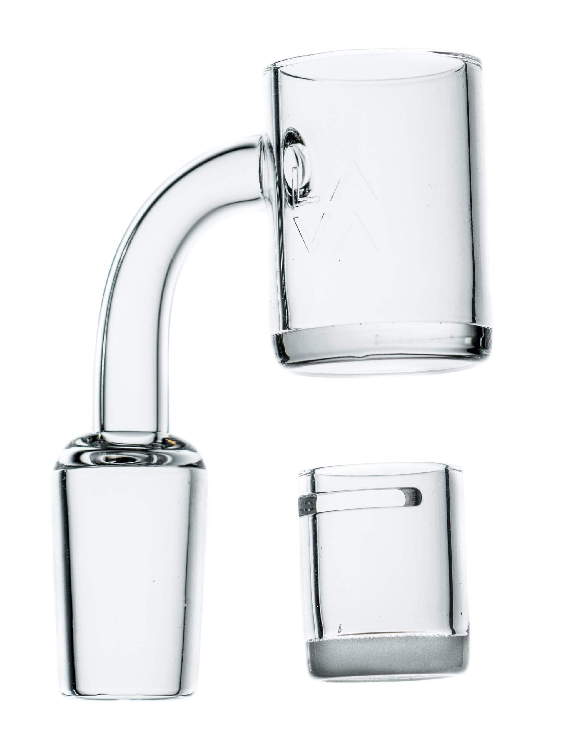 A close-up, angled view of the Polished Banger Nail with Opaque Cup Insert, showcasing its polished finish and inserted cup.