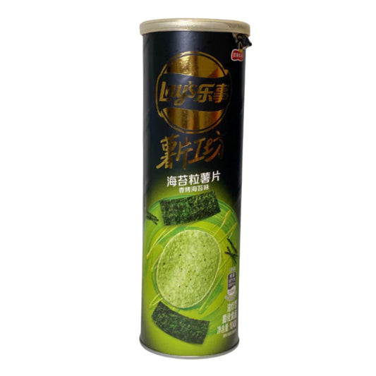 Front view of Lay's Chips - Baked Nori in a bright, cylindrical package with Japanese text and a dark green seaweed pattern.