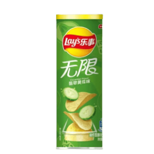 A front view of Lay's Chips - Cucumber, showcasing the bright green packaging with stylized product imagery.