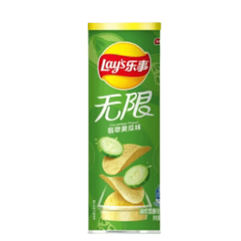 A front view of Lay's Chips - Cucumber, showcasing the bright green packaging with stylized product imagery.