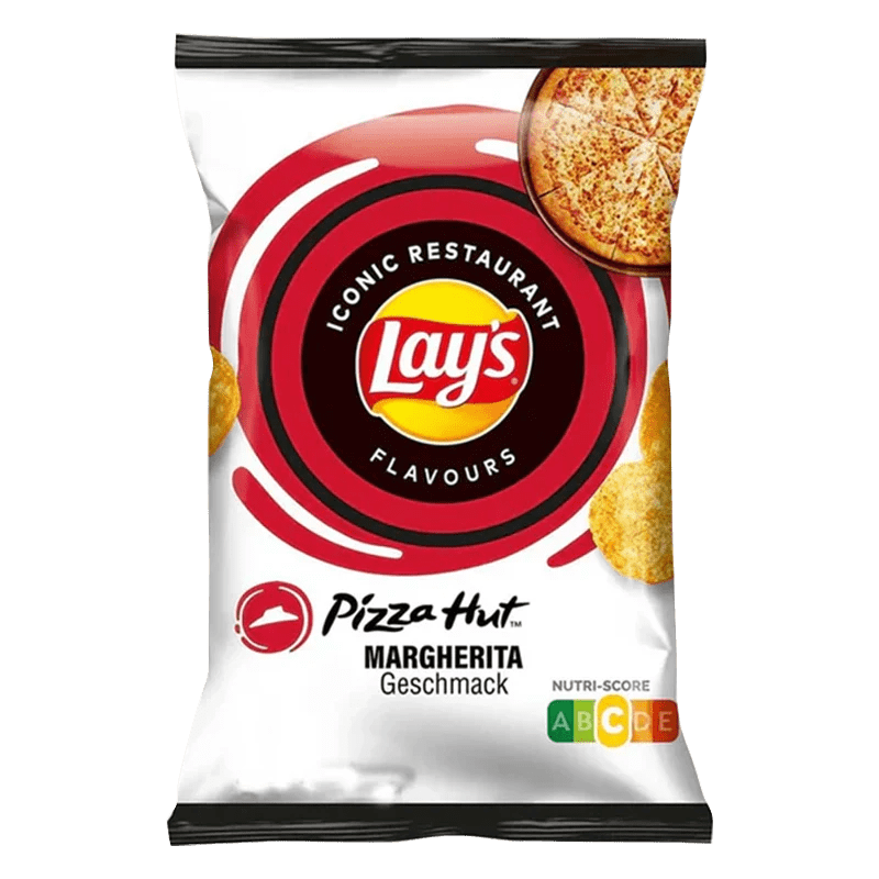 A close-up of Lay's Chips - Iconic Restaurant Flavors - Pizza Hut Margherita, with the chip bag’s design prominently displayed.