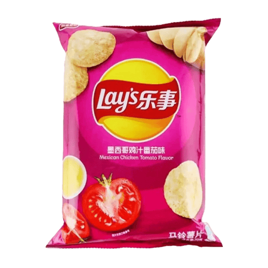 A close-up shot of Lay's Chips - Mexican Chicken Tomato, showcasing the vibrant chip texture against a plain white backdrop.