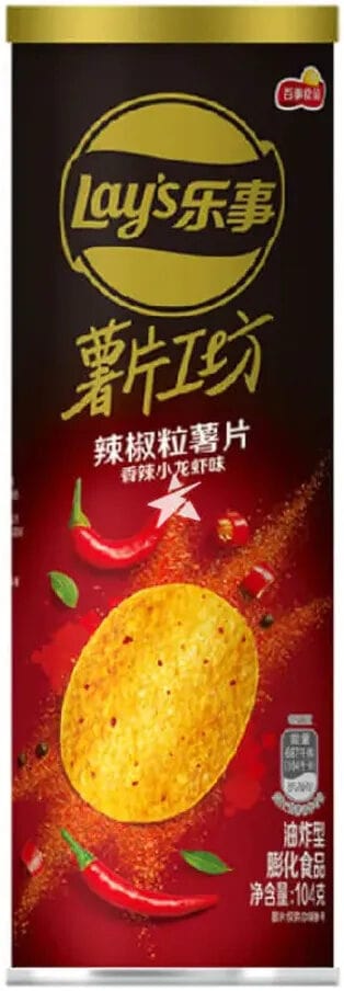 Front view of the Lay's Chips - Spicy Crayfish Tube packaging with Chinese text, angled slightly on a plain background.