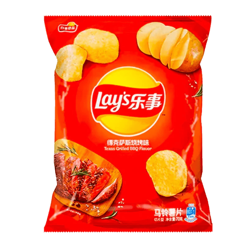 A close-up shot of Lay's Chips - Texas Grilled BBQ in a colorful bag with bold branding and text.