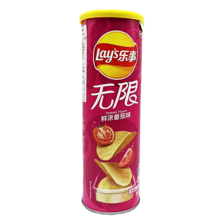Front view of Lay's Chips - Tomato, showcasing the red and white packaging with Chinese text in a brightly lit setting.