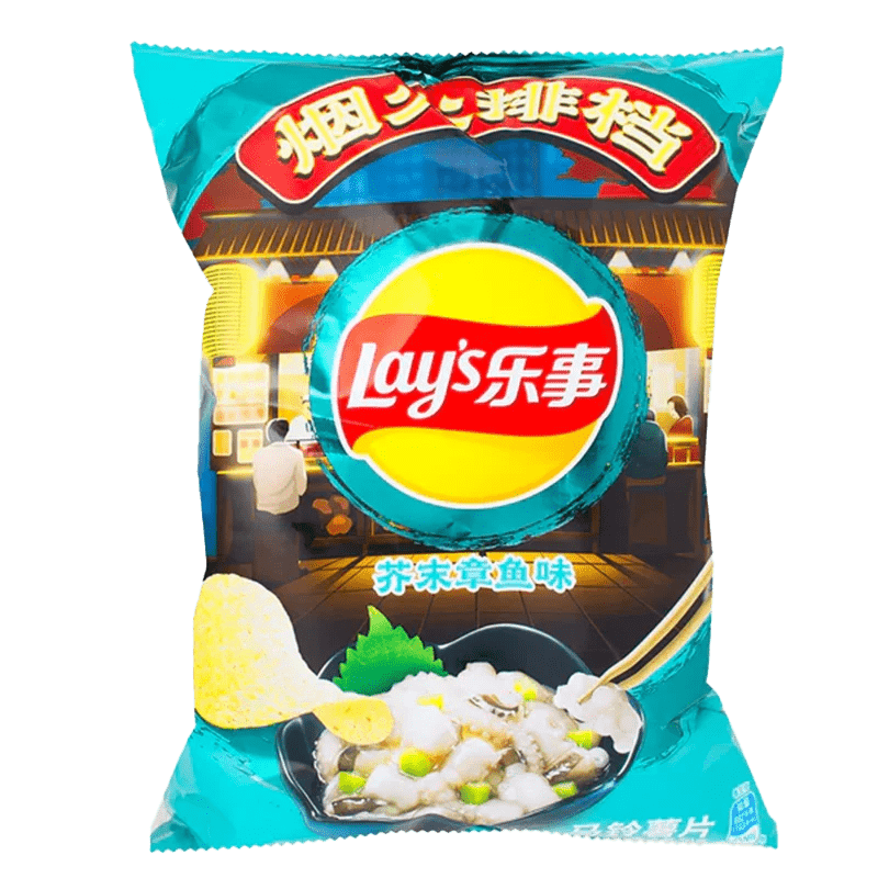 A close-up, front view of Lay's Chips - Wasabi Octopus in bright packaging, showcasing the snack's vibrant design.