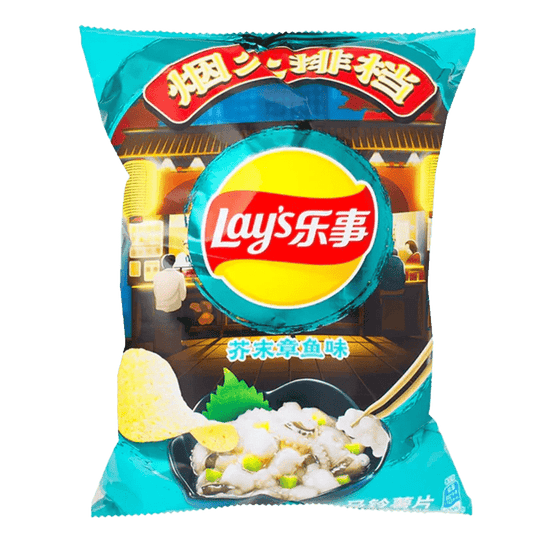 A close-up, front view of Lay's Chips - Wasabi Octopus in bright packaging, showcasing the snack's vibrant design.