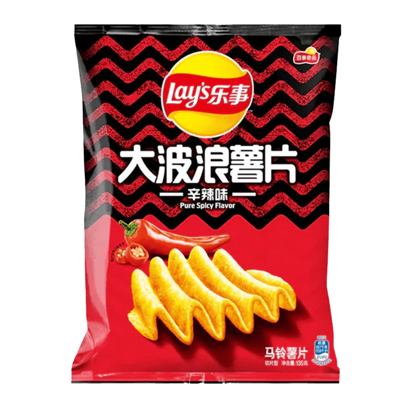A front view of Lay's Chips - Wavy Pure Spicy, showcasing the ridged, golden chips in a red bag.