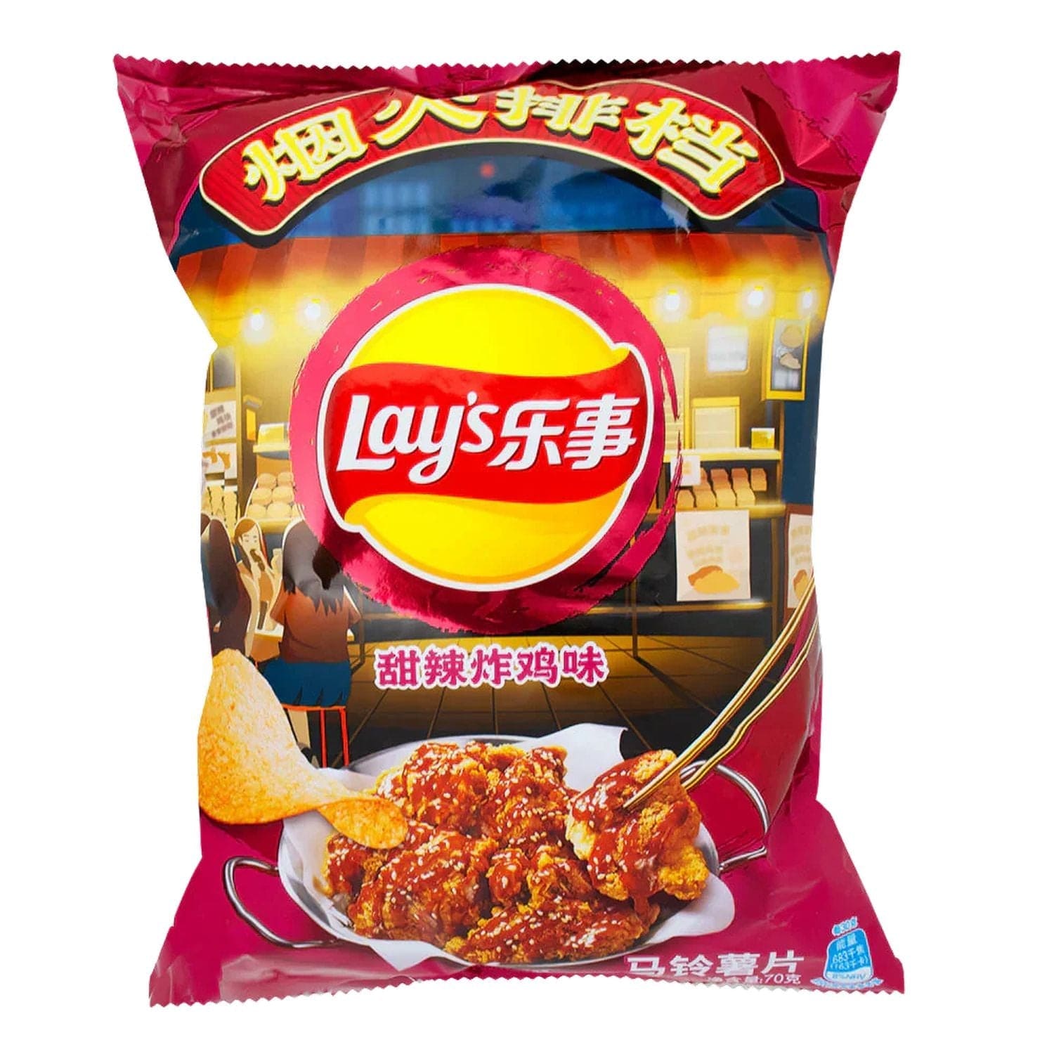 A front view of Lays Sweet & Sour Chicken (70g) packaging with colorful graphics and text in Chinese characters.