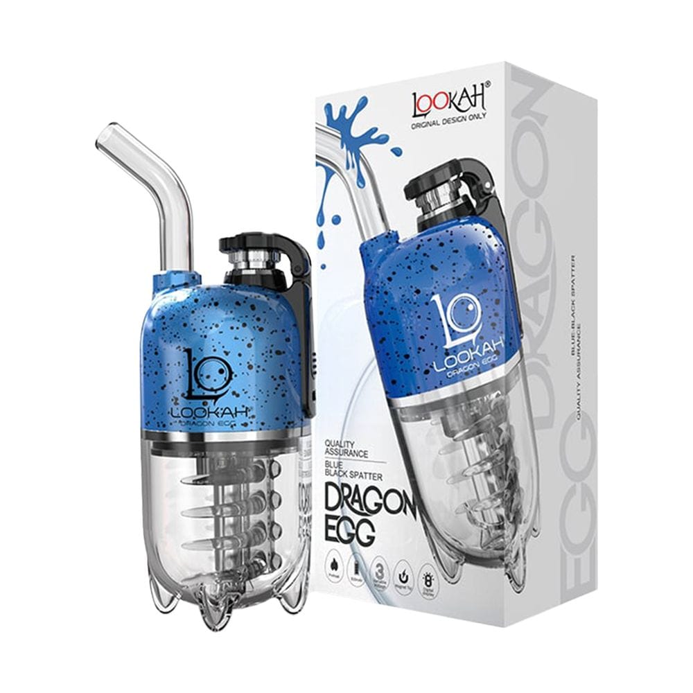 Front view of the Dragon Egg eRig Bubbler  Spatter Edition, showing its unique patterned glass and compact form.