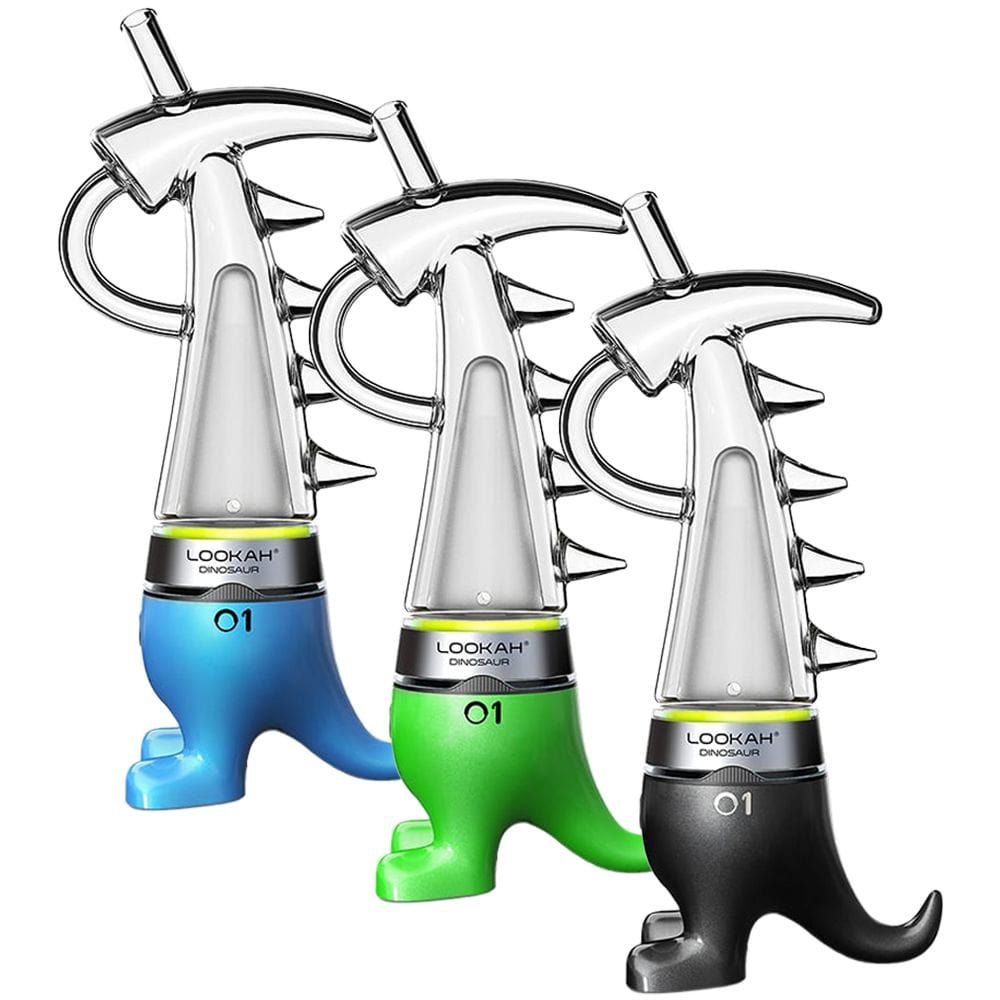 Front view of the Dinosaur eRig, a 950mAh device shaped like a cartoon dinosaur in shades of green and blue.