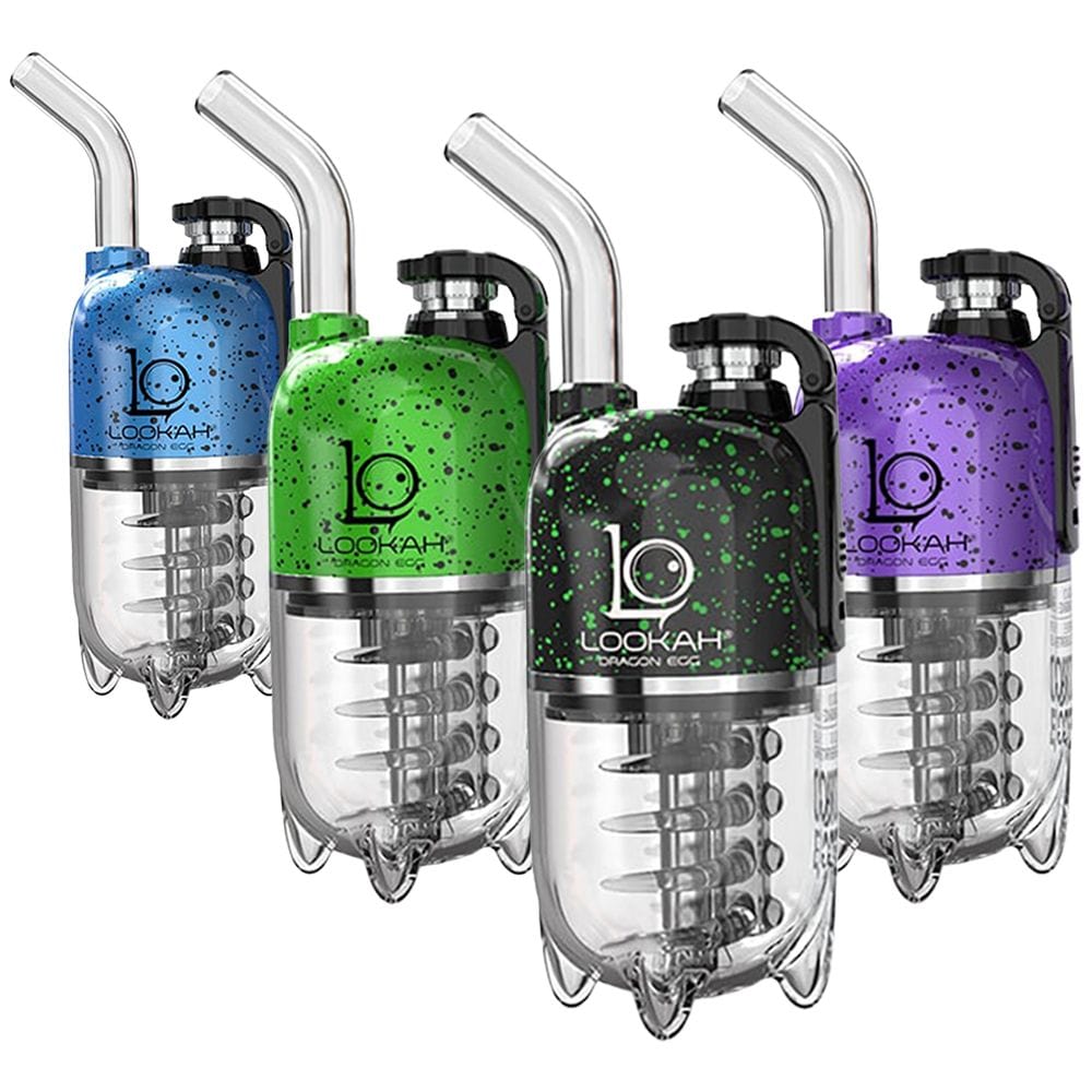 Front view of the Dragon Egg eRig Bubbler  Spatter Edition  950mAh, showcasing a colorful, patterned glass bubbler design.