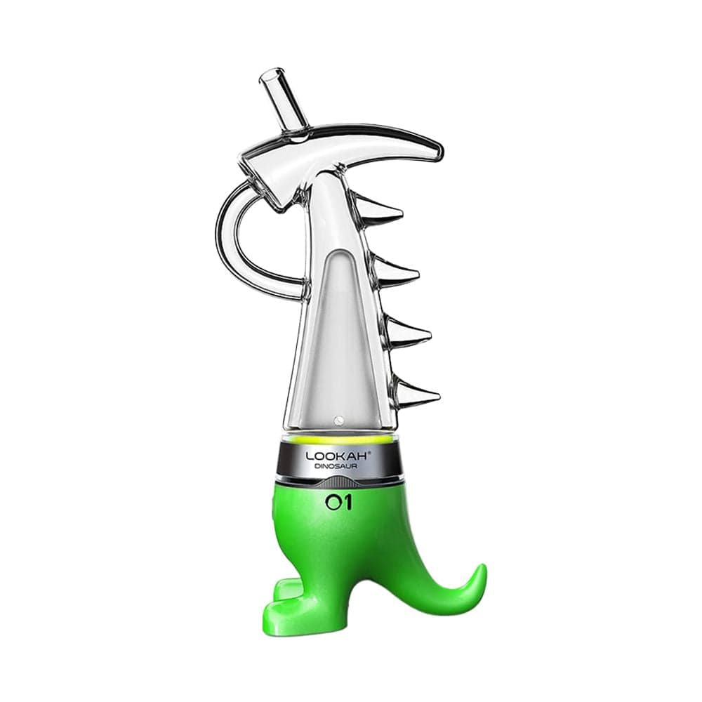 Front view of the Dinosaur eRig  950mAh, a green, dinosaur-shaped device with a visible mouthpiece and metallic accents.