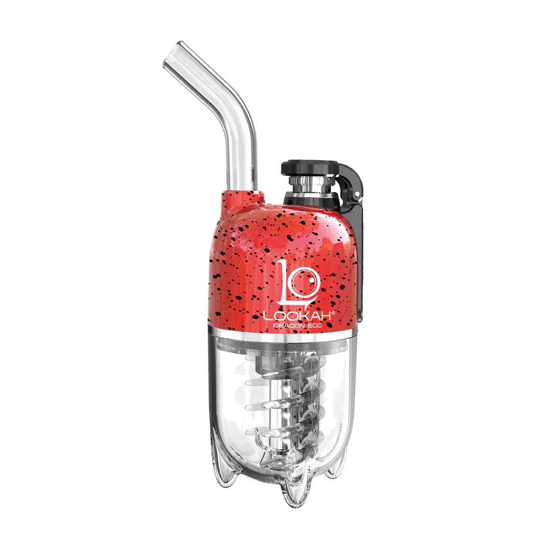 A detailed studio shot of the Dragon Egg eRig Bubbler  Spatter Edition, showing its unique, speckled design from a slightly elevated angle.