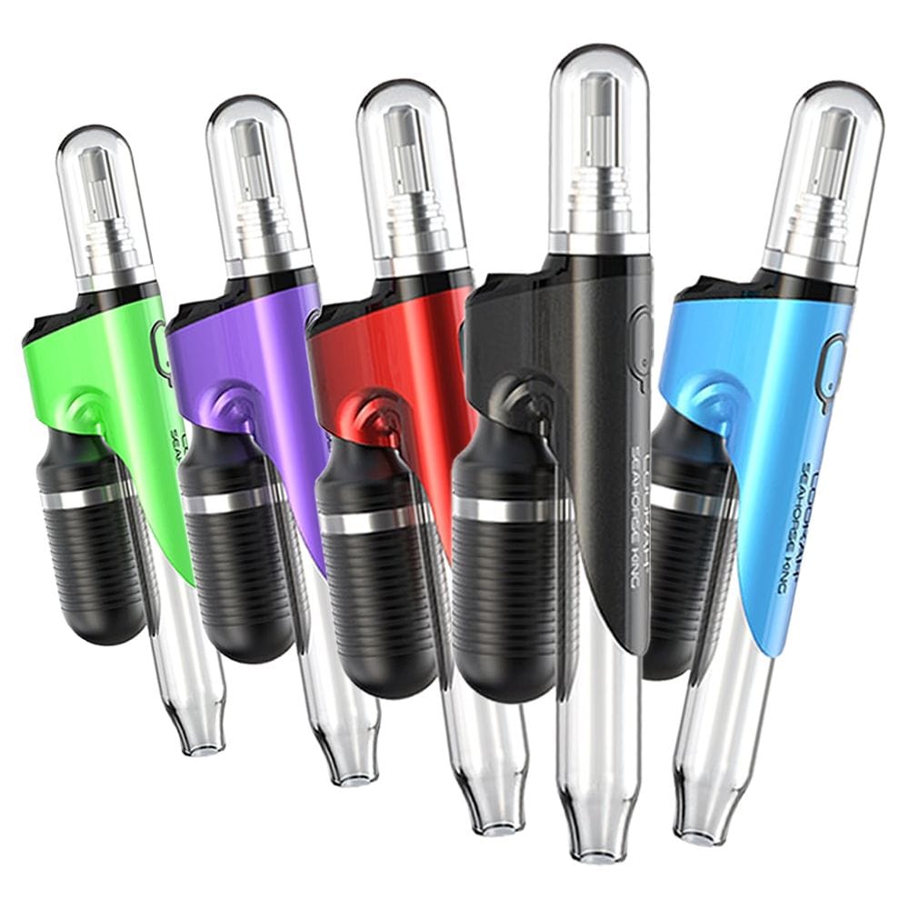 A studio shot displays several Seahorse King Electric Dab Pens angled against a stark white background.