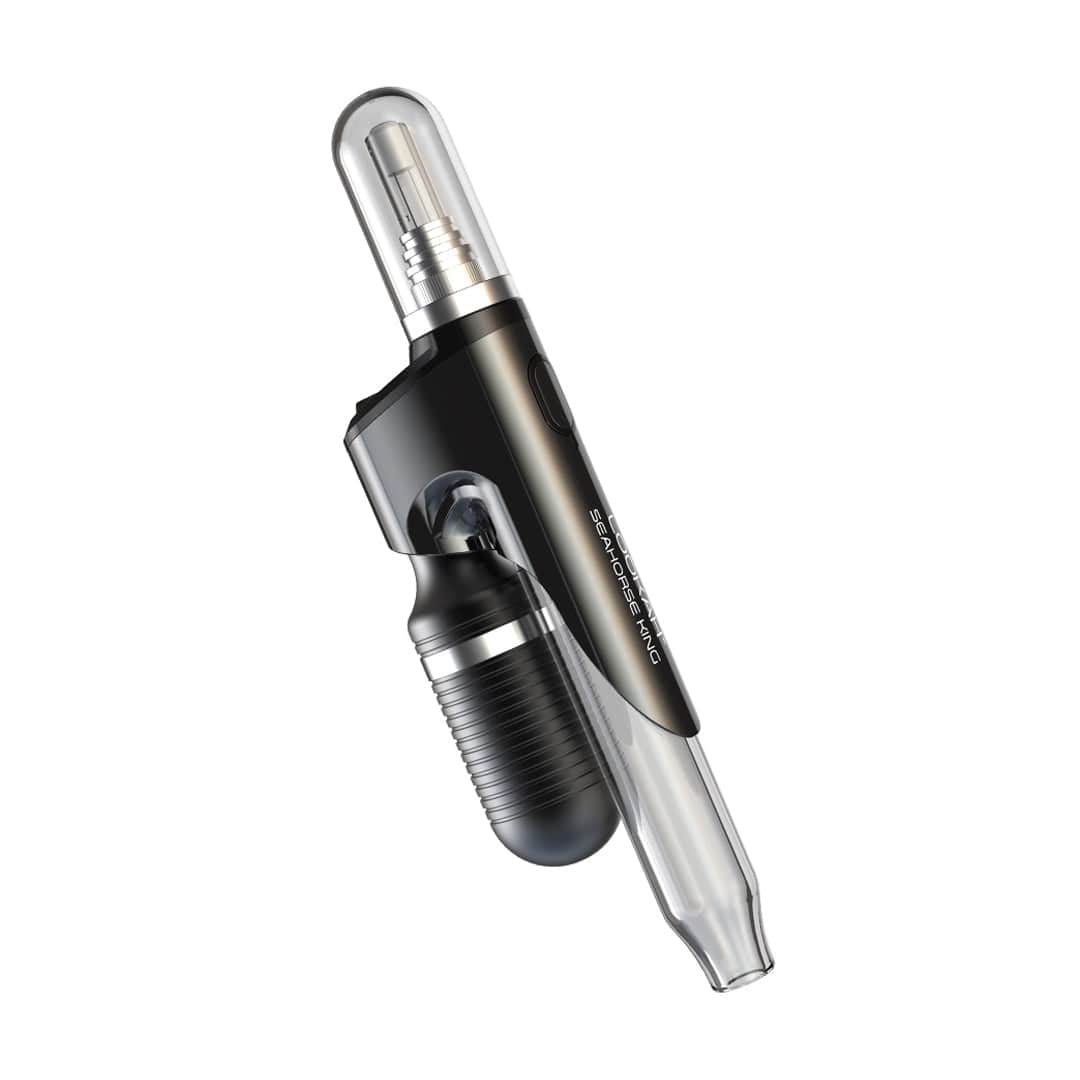 Angled close-up of the black Lookah Seahorse King - Vaporizer showing its glossy body, ribbed mouthpiece grip, and clear glass tip against a white background.