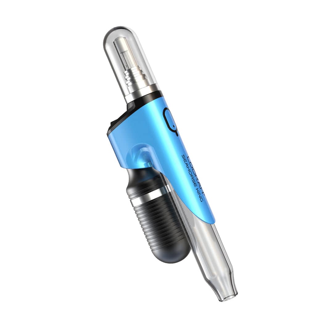 Angled close-up of the blue Lookah Seahorse King - Vaporizer showing its transparent mouthpiece, ribbed black cartridge, and glossy metallic body on a white background