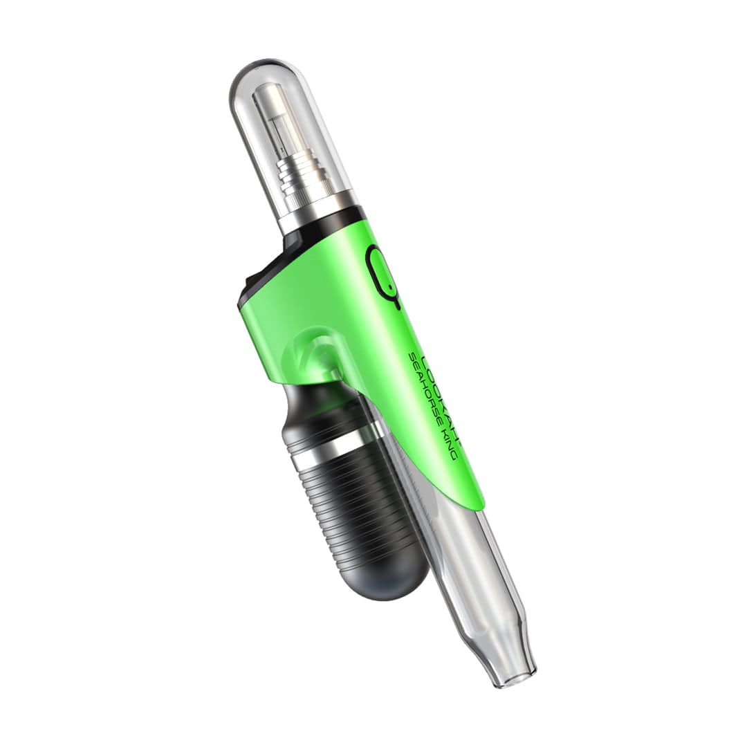 Angled close-up of the green Lookah Seahorse King - Vaporizer showing its translucent mouthpiece, metallic cartridge under a clear cap, and textured black grip.