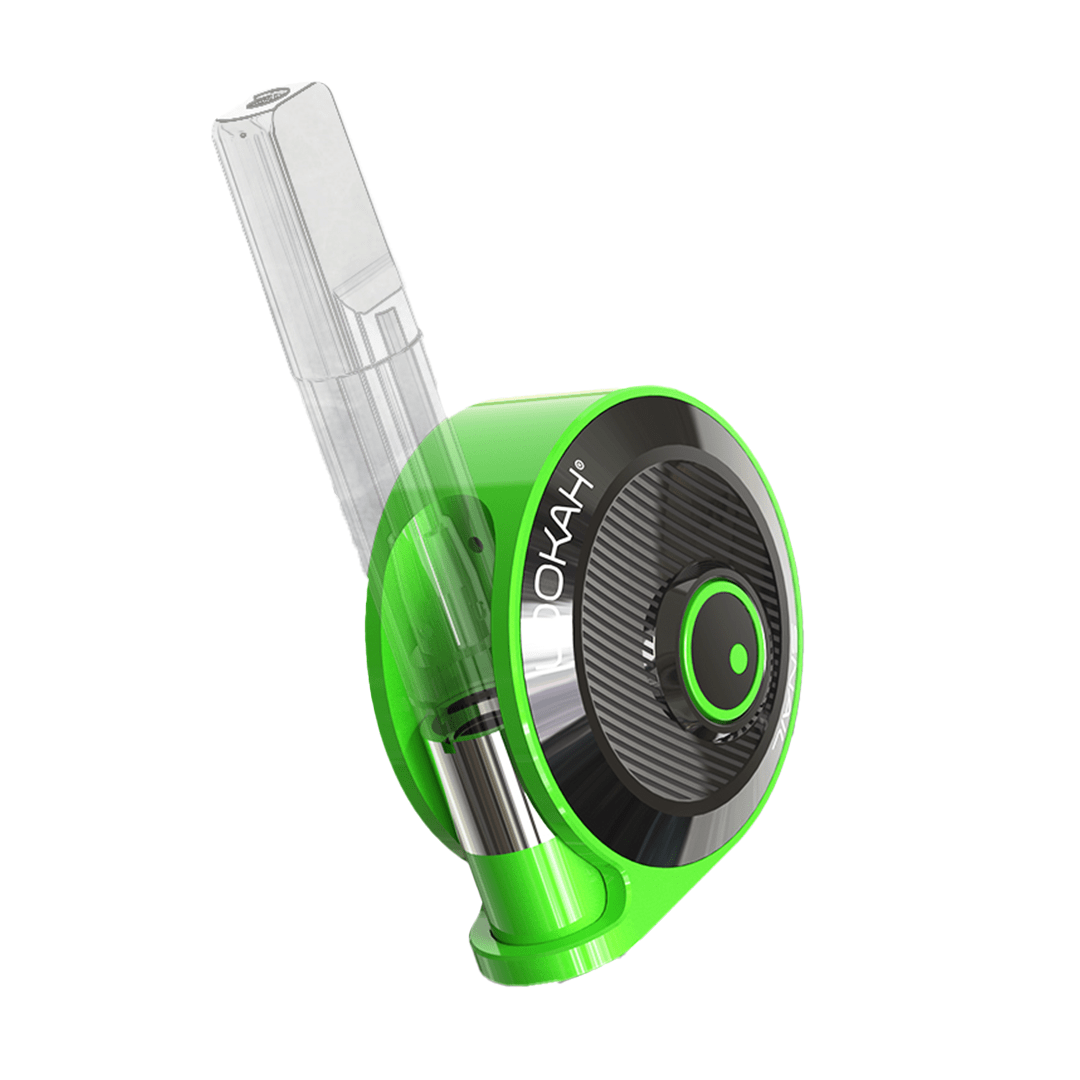Angled front view of a bright green Lookah Snail 2.0 Vaporizer showing its circular black control face, side-mounted glass mouthpiece, and glossy plastic body.
