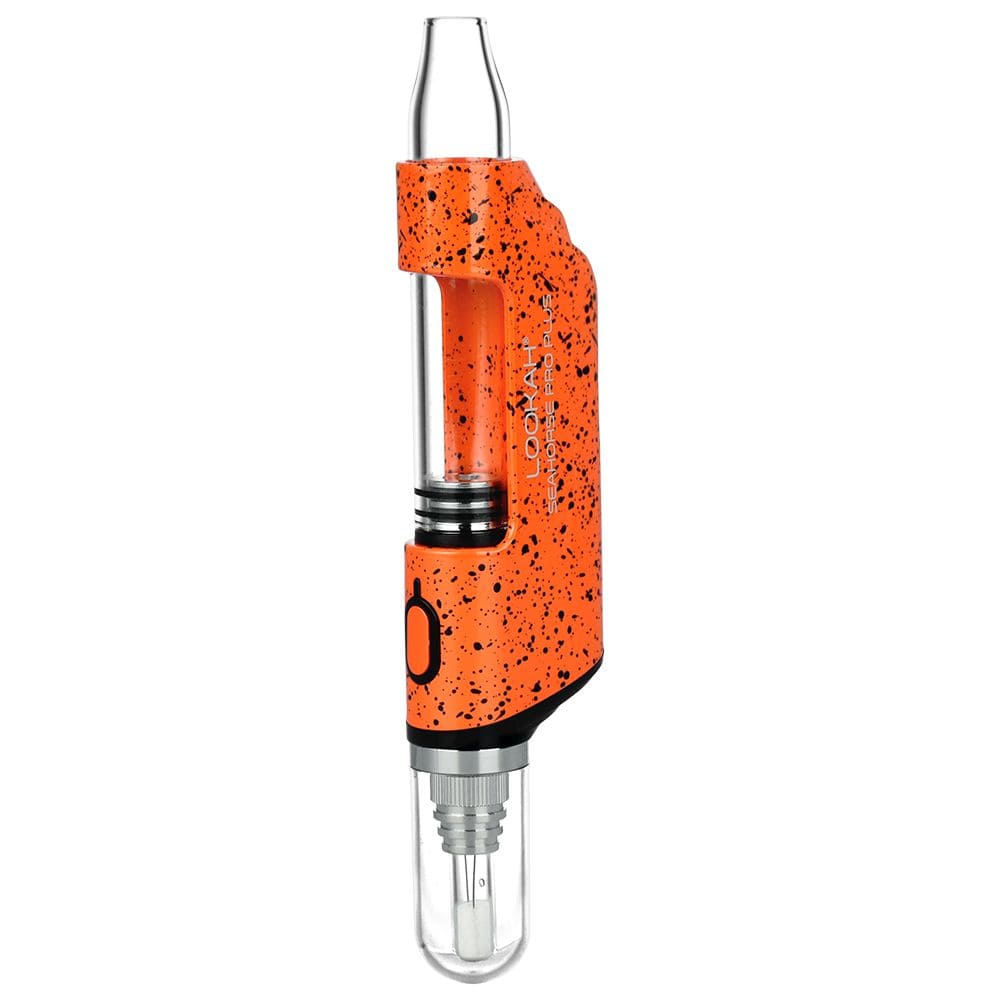 Front view of the Seahorse PRO Plus Electric Dab Pen  Spatter Edition, showcasing its patterned finish and metallic tip.