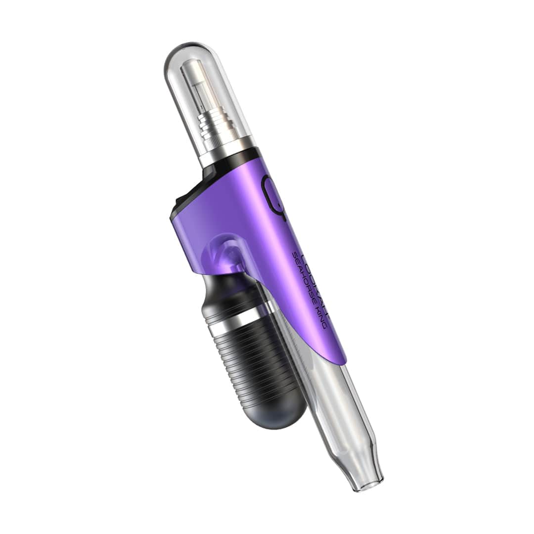 Angled close-up of the purple Lookah Seahorse King - Vaporizer showing its transparent mouthpiece, metallic cartridge, and textured black grip against a white background