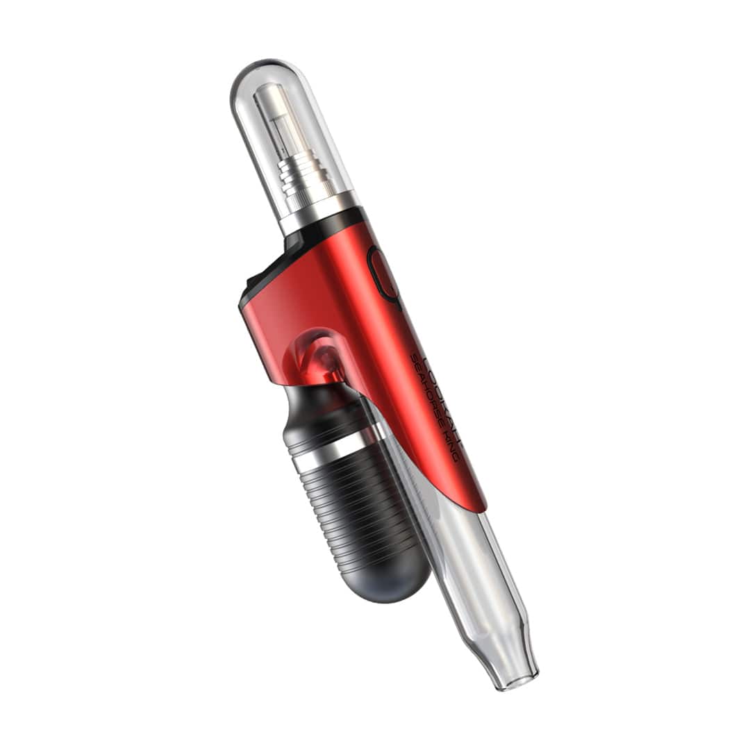 Angled close-up of the red Lookah Seahorse King - Vaporizer showing its glossy metallic body, clear mouthpiece, and ribbed black cartridge against a white background