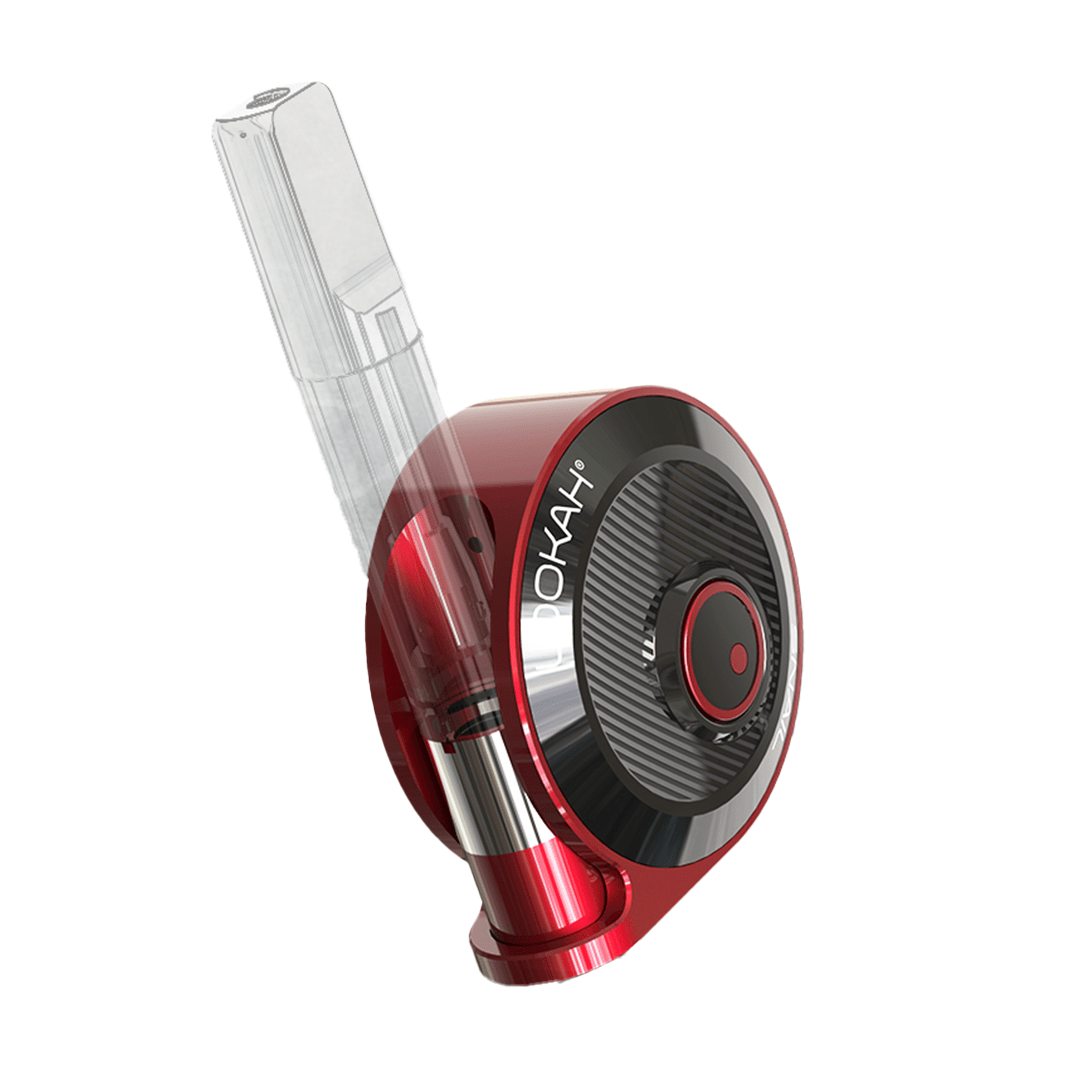 Angled close-up of the red Lookah Snail 2.0 Vaporizer showing its circular glossy side panel with a textured central dial and a transparent mouthpiece inserted at an angle
