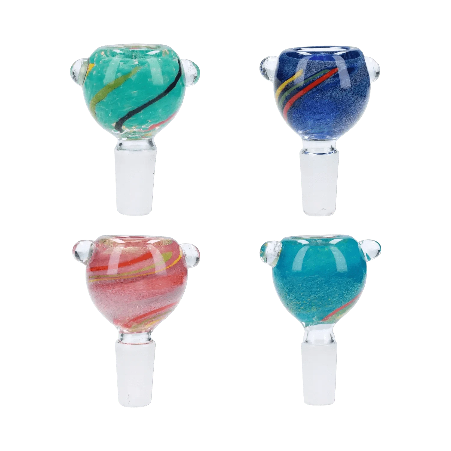 Top-down grid of four colorful glass bowls showing the rounded heads and clear stems of the Frit Color Bowl - Male 14mm.