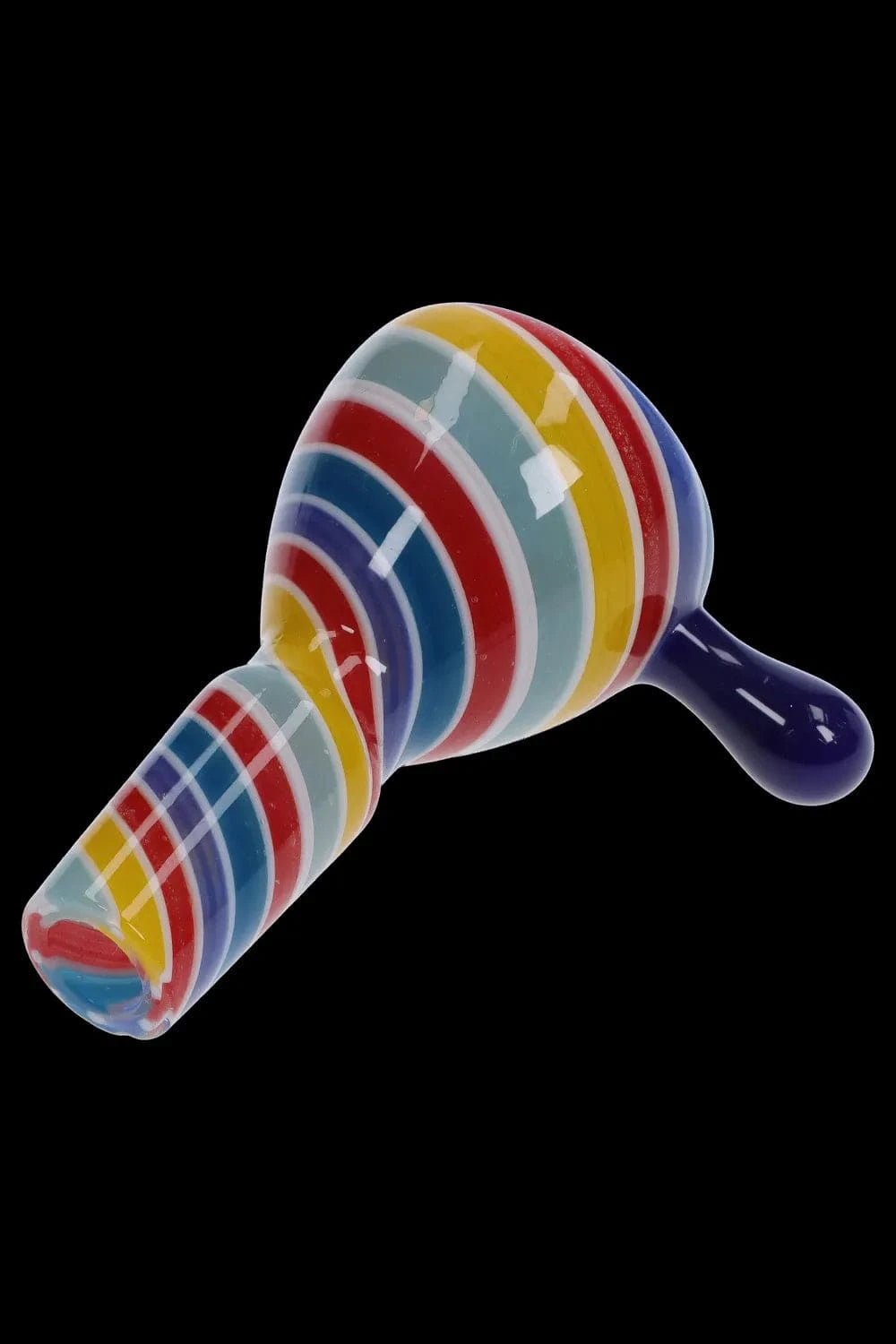 Angled close-up of the Solid Color Bowl with Dabber Horn - Male 14mm showing colorful concentric red, yellow, blue, and white stripes against a black background