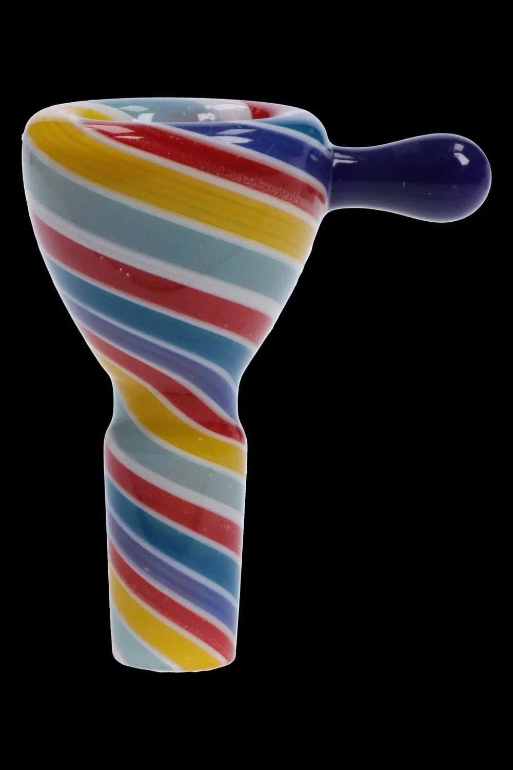 Close-up side view of the Solid Color Bowl with Dabber Horn - Male 14mm showing its candy-striped glass bowl and short purple dabber horn against a black background.